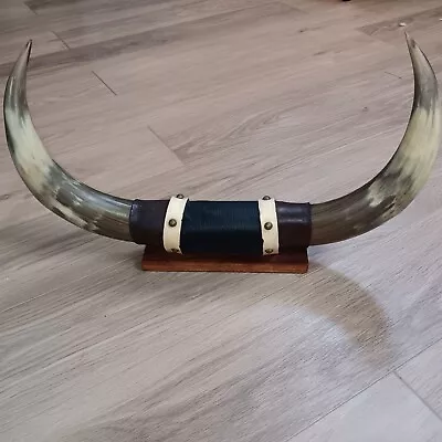 Vintage Bull Horns Mounted Wall / Desk Steer Leather 22X13  Viking Western Style • $273
