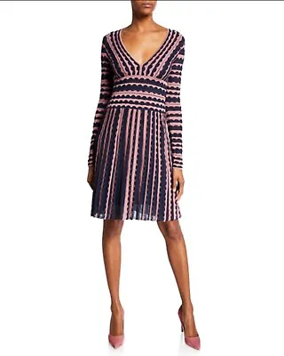 Missoni Navy Pink Striped V-Neck Fit And Flare V-Neck Dress Size IT 44 US 8 NWT • $698