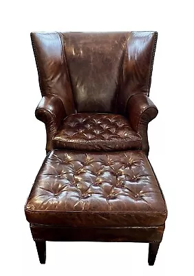 Restoration Hardware Large Leather Drake Chesterfield Wingback Chair & Ottoman • $2200