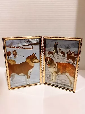 Vintage 1968 English Dog Art St. Bernard Husky Snow Dogs Brass Bifold Frame • $18