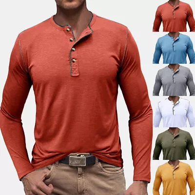 Mens Henley T Shirt Grandad Button V Neck Autumn Casual Long Sleeve Shirts Tops • $15.56