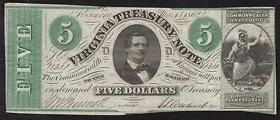 ✪ 1862 $5 Virginia Treasury Note Richmond Va Obsolete Bank Note 11311. • $89