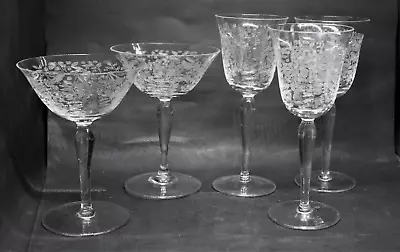 Vintage Needle Etched Bird & Leaves Stemware Wine/Champagne Glasses Set Of 5 • $55