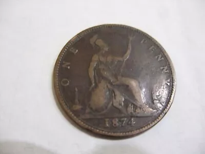 Victoria Bun Head Penny-Date 1874-Without H Mark-Good Condition-See Pictures! • £14.95