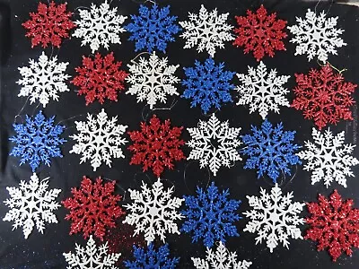 27 Vintage Plastic Red White Blue Glitter Snowflake Christmas Ornaments B9912 • $9.23