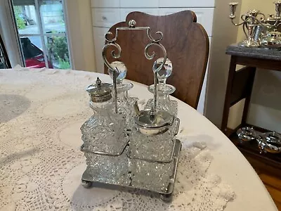 Antique Victorian James Dixon & Sons Caddy Cruet Crystal Bottles Silver Plate • $220