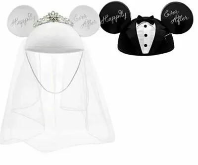 Disney Parks Mickey & Minnie Mouse Wedding Groom And Bride Ears Hat Set New • $99.99