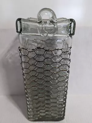 Vintage Rustic Chicken Wire Square Glass Vase 11  Tall • $17.97