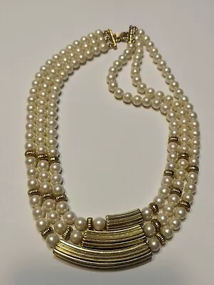 Vintage Crown Trifari Gold Pearl Triple Strand Necklace • $34.99