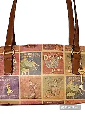 Fossil Leather Handbag Brown Vintage Distressed French Paris Poster Purse • $33.99