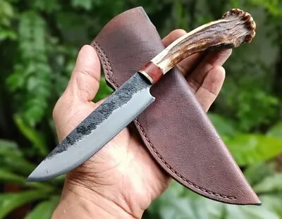 Hunting Pocket Butcher Camping Knife 4.2  Forged Blade Stag Leather Sheath • $75