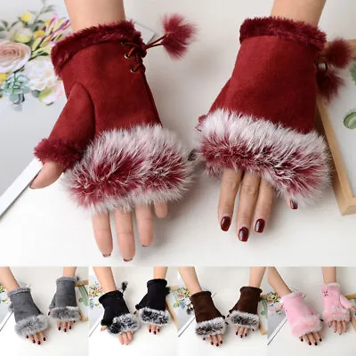 Women Winter Warmer Fingerless Gloves Faux Rabbit Fur Suede Wrist Solid Mitten↷ • $3.91