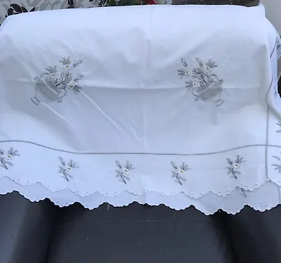 Beautiful Vintage Large White Cotton Silver Embroidered  Tablecloth 64 X 48inch • $31.57