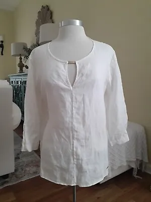 Ellen Tracy Linen Tunic Womens XL White 3/4 Sleeve Gold  • $19.95