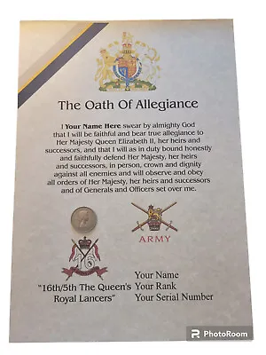 16th 5th Queens Royal Lancers Veterans Oath Of Allegiance Certificate • £9.99