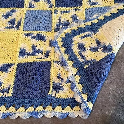 $12.95 • Buy Afghan Blanket Crochet Handmade Blue And Yellow 40 X 30 Nursery Baby Gift