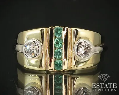 Estate 14k Yellow Gold Natural .44ctw Emerald Diamond Men's Ring 10.9g I15225 • $1699