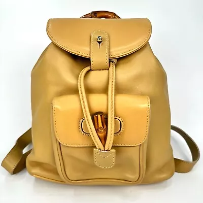 Vintage GUCCI Bamboo Backpack  Drawstring Bag  Chartreuse Beige Authentic #0055 • $289