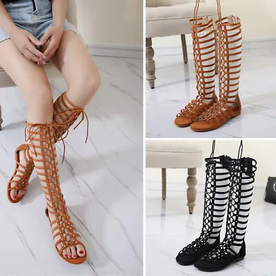 Women Summer Knee High Roman Sandals Boots Hollow Flat Gladiator Zipper Shoes • $49.42