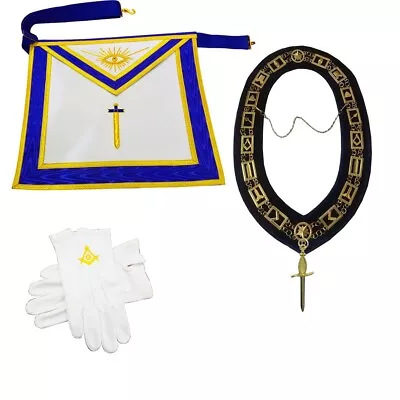 Masonic Regalia Blue Lodge Hand Work Bullion Apron Chain Collar Gloves Jewel Set • $69.99