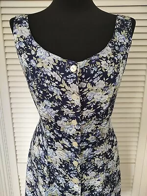 Vintage Floral Dress Button Front Blue 90s Womens 12 • £14.99