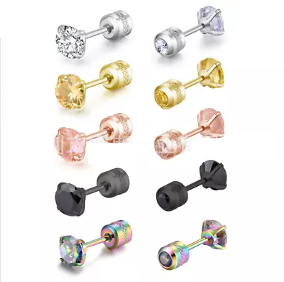 Silver Stainless Steel Round CZ Stud Earrings For Women Men Piercing Screw Back • $6.95