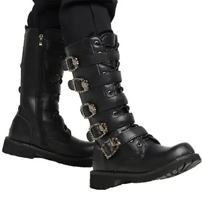 Mens Gothic Belt Punk Boot Leather Motorcycle Boots Calf Military Outdoor Boots • $58.59
