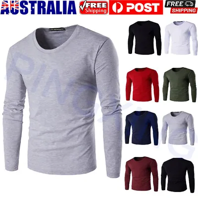 S-5XL Men's Plain Blank T-shirt Basic Tee Round Neck Bottom Shirt Long Sleeve • $19.56