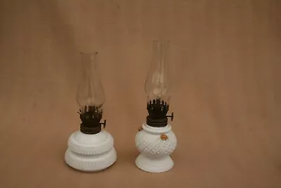 X 2 Small Antique White Glass Miniature Oil Lamps • £28