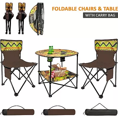 Camping Table & Chair Set 3PC Folding Chair Fishing Seat Outdoor Cup Holders • £25.85