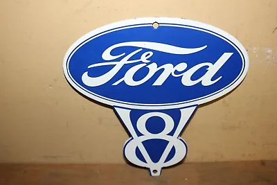 Vtg Ford V8 Car Emblem Porcelain Metal Gas Oil Rat Rod Sign • $65