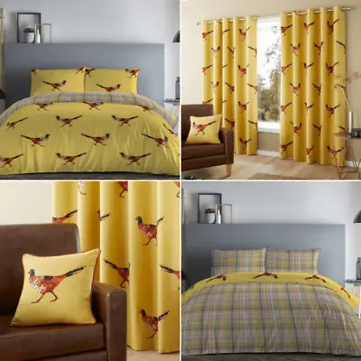 Ochre Pheasant Country Bird Tartan Check Reversible Bedding Curtains Matching • £39.99