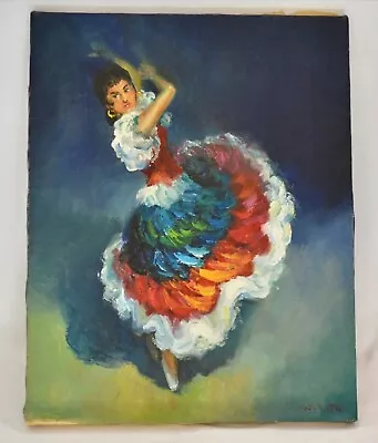 Vintage Flamenco Mexican Dancer Oil Painting On Canvas Signed Blue Red 14x 18 • $69.97