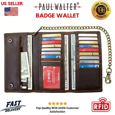 Mens Vintage Hunter Leather Biker Trifold Chain Wallet With RFID Blocking Brown • $26.99