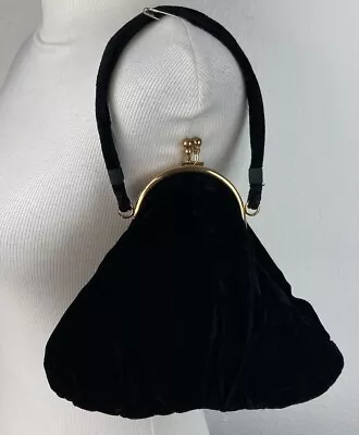 Vtg Velvet Art Deco Black Purse Handbag Cocktail Evening Opera Purse Kiss Lock • $30.30