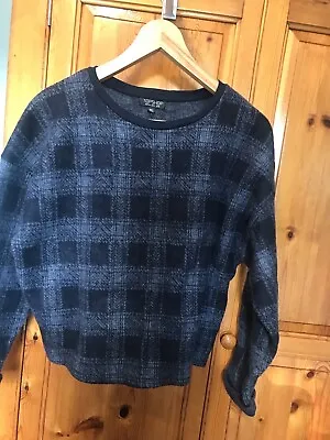 Womens Jumper Size 8 Crop Winter Warm Oversized Blue Tartan Turn Up Cuffs • £5.99