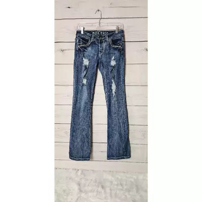 Miss Chic Womens Boot Cut Jeans Blue Distressed Low Rise Medium Wash Juniors 7 • $25