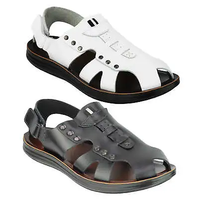 Mens Black White Leather Strap Sandals Gladiator Summer Beach Walking Mules Shoe • £19.99