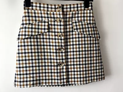 H&M Skirt Size 8 Brown Check Button Mini Casual Formal City Chic Stylish Modern • £6.50