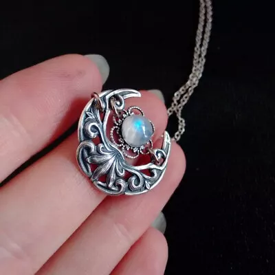 Retro Style Moonstone Crescent Pendant Necklace Charm Ladies Gifts Witch Jewelry • $2.10