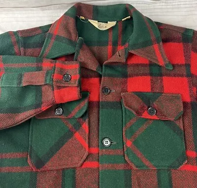 Vintage Men’s Medium Woolrich 100% Wool Chore Shirt Jacket Red Green Plaid USA • $98