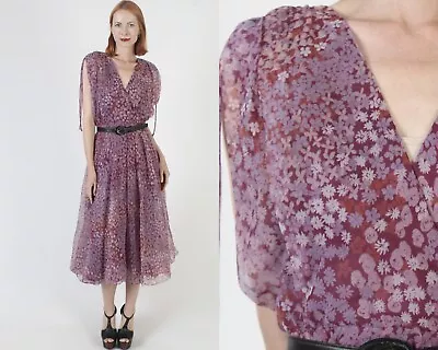 Vtg 80s Miss Elliette Floral Chiffon Dress Designer Deep V Party Airy Sundress • $63.65