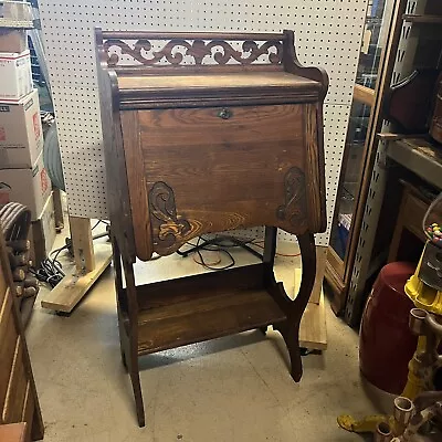 Vintage Secretary Desk Drop Front Drawer 25.5”x50x15.5” Dark Brown Carved • $225