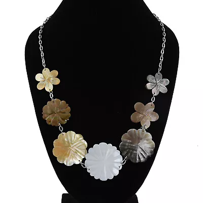 Multi Color Mother Of Pearl Carved Flower Necklace  W/Stainless Steel Chain NWT • $10.95