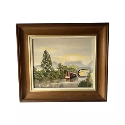 H Mallet Oil Painting On Canvas Vintage Framed Landscape Pastel Boat Canal • £60