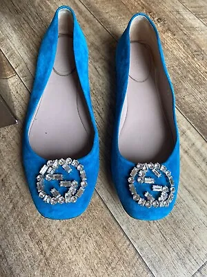 Gucci Blue Suede Ballet Flat Shoes Silver Diamond Details 6 39  • £220