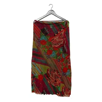 Y2K Kenzo Sheer Mesh Floral Printed Wrap Maxi Skirt Size L Red Green 90's JPG • $99