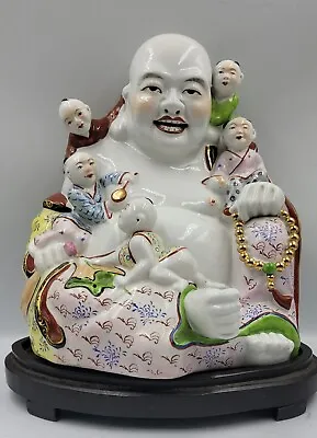 Vintage Chinese Famille Rose Laughing Buddha 5 Children With Stand 10.5  Marked • £169.60