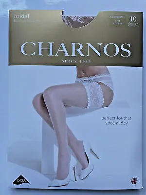 Charnos Bridal Deep Lace Top Hold Up Stockings COLOUR CHAMPAGNE Wedding LARGE • £10