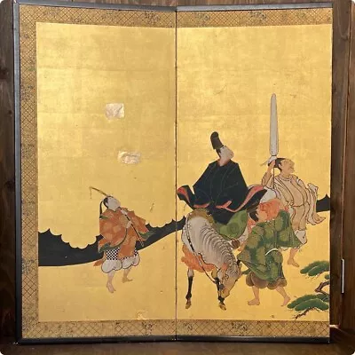 Japanese 2 Panel Folding Screen Asian Byobu Painted Japan Gold Edo Period • £176.81